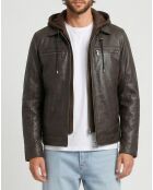 Braune Lederjacke mit Kapuze