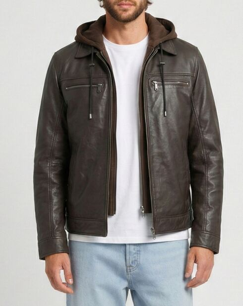 Braune Lederjacke mit Kapuze