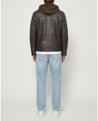 Braune Lederjacke mit Kapuze