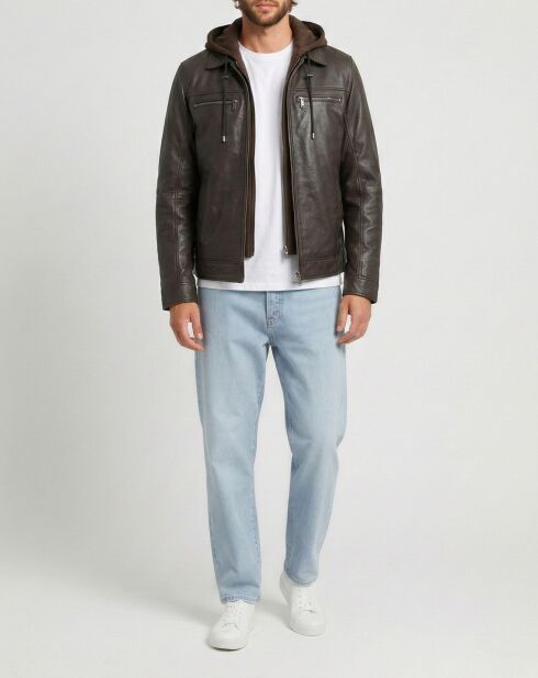 Braune Lederjacke mit Kapuze