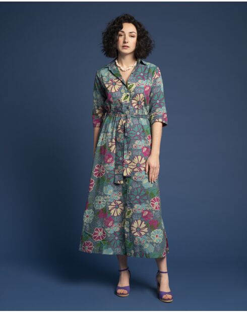 Bari Cosmos blauwgroene jurk met cambric