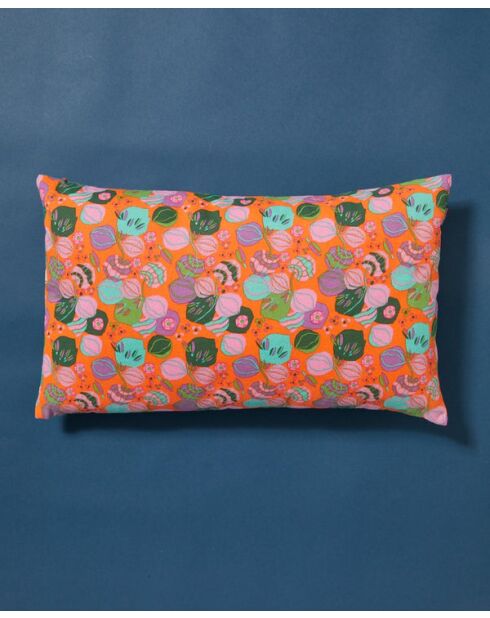 Cojín de lona con cuello azul y flor naranja, 50 x 30 cm