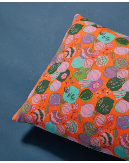 Cojín de lona con cuello azul y flor naranja, 50 x 30 cm