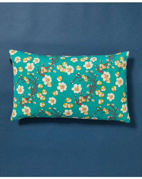 Cojín de lona con cuello azul y flor naranja, 50 x 30 cm