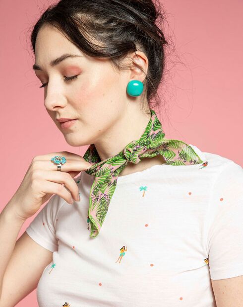 Carré en Voile de Coton Fish rose/vert - 50x50 cm