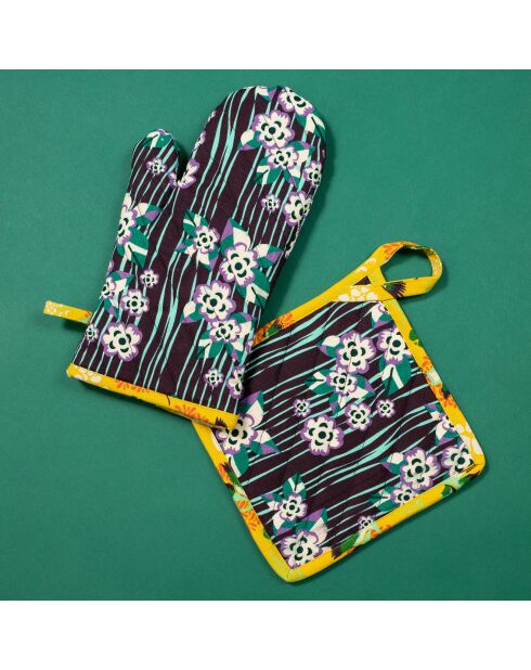 Guanto e presina in cotone biologico Biba bordeaux/giallo - 23x13 cm