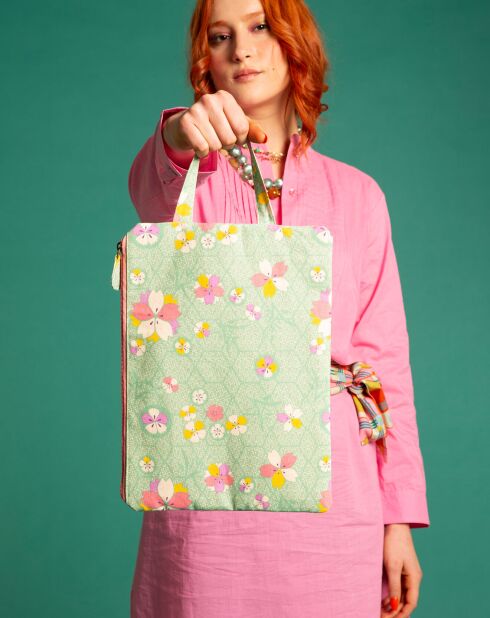 Bolsa Kobe de algodón 100% orgánico con cremallera y estampado verde - 33x24 cm