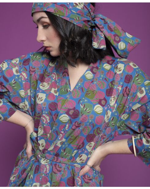 Peignoir en Cambric Long Bleu Fleur