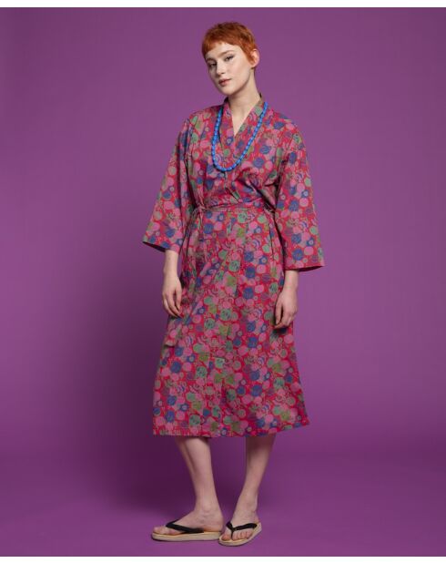 Langer Kambrium-Bademantel mit roten Blumen