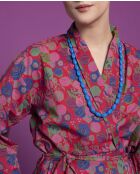 Langer Kambrium-Bademantel mit roten Blumen