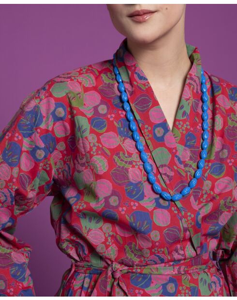 Langer Kambrium-Bademantel mit roten Blumen