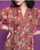 Lange oranje cambric badjas met bloemenprint