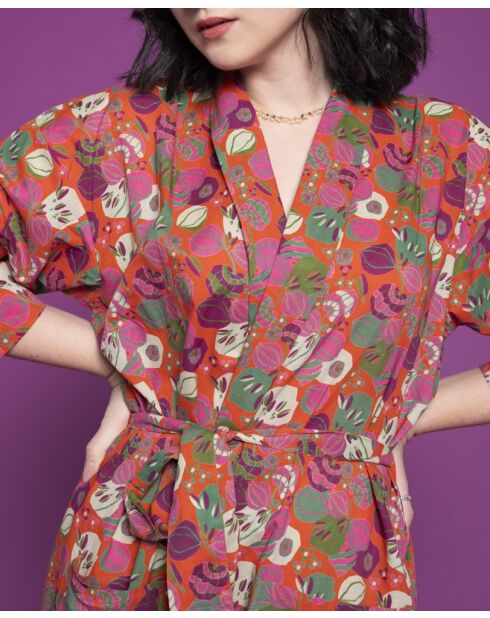 Langer orangefarbener Cambric-Bademantel mit Blumenmuster