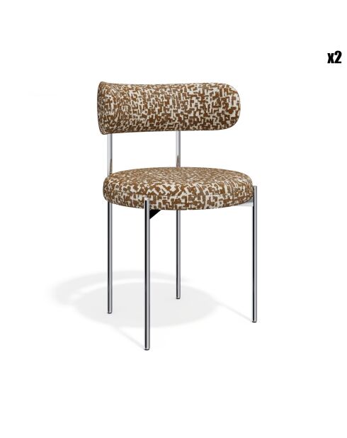 2 ADELE Stühle aus gewebtem Stoff mit braunen Mustern und verchromten Beinen — 52x45,5x76,5 cm
