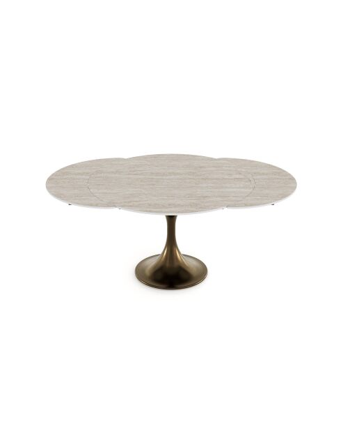 JACINTHE ausziehbarer Tisch in Travertinoptik und Fuß aus Bronze — 120-180x120x76 cm