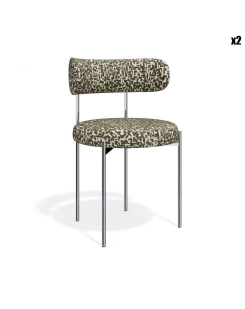 2 Chaises ADELE tissu tramé à motifs kaki pieds chrome - 52x45.5x76.5 cm