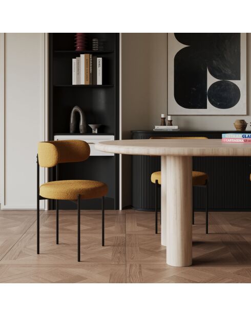 2 Stühle ADELE aus senfgrünem Boucle-Stoff mit schwarzen Beinen — 52x45,5x76,5 cm