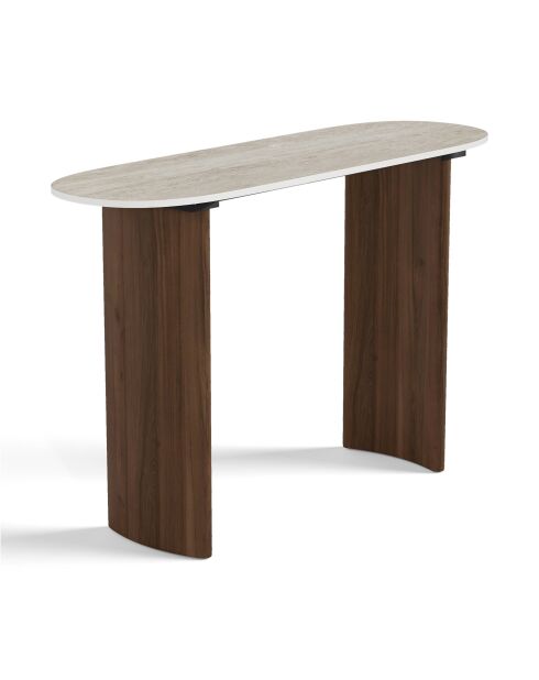 Console VERO céramique aspect travertin et pieds noyer - 110x35x80 cm