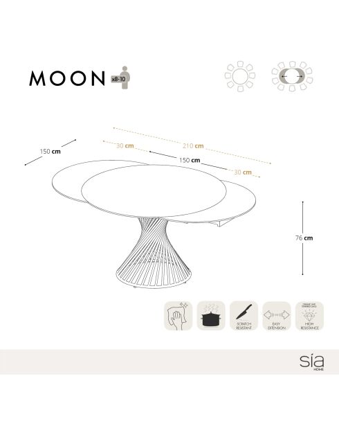 Ausziehbarer Tisch MOON XL Pandora aus Keramik und Goldbeinen - 150 - 210x150x76 cm