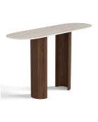 ALTO Keramikkonsole mit Travertinoptik und Nussbaumfuß - 120x35x80 cm