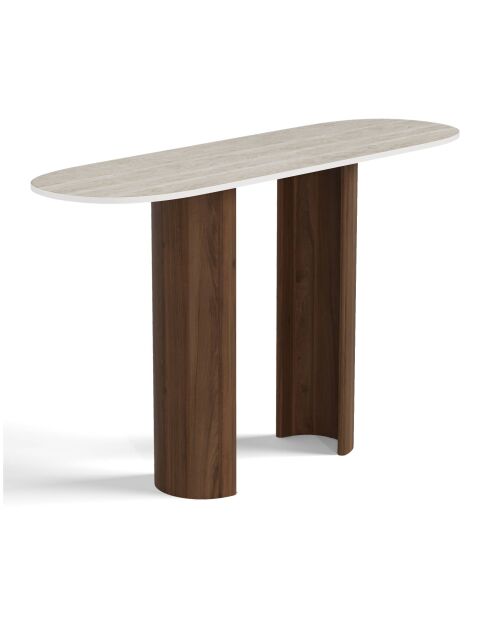 ALTO Keramikkonsole mit Travertinoptik und Nussbaumfuß - 120x35x80 cm