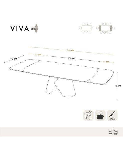 VIVA uitschuifbare tafel met travertijnlook bronzen voet - 160x90x76 cm
