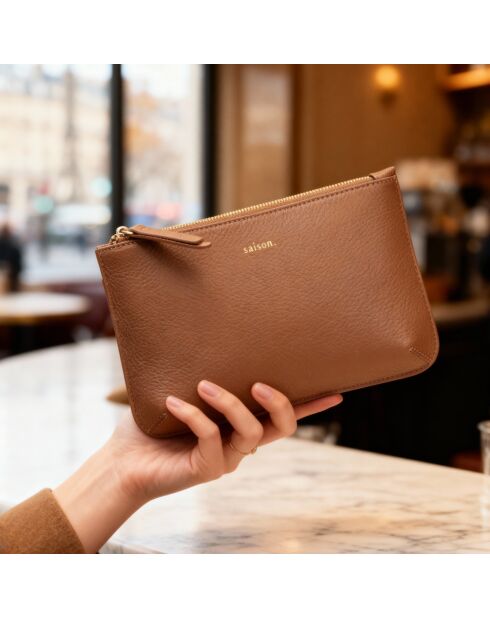 Pochette Bianca en cuir cognac - 20,5x14x3 cm