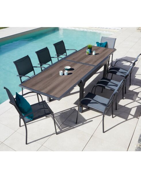 Essgruppe Honfleur XL aus Eichenholz: 1 Tisch und 2 anthrazitfarbene Stühle Beziers