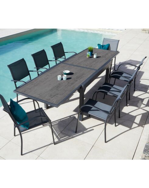 Essgruppe Honfleur XL aus Schiefer: 1 Tisch und 2 anthrazitfarbene Stühle Beziers