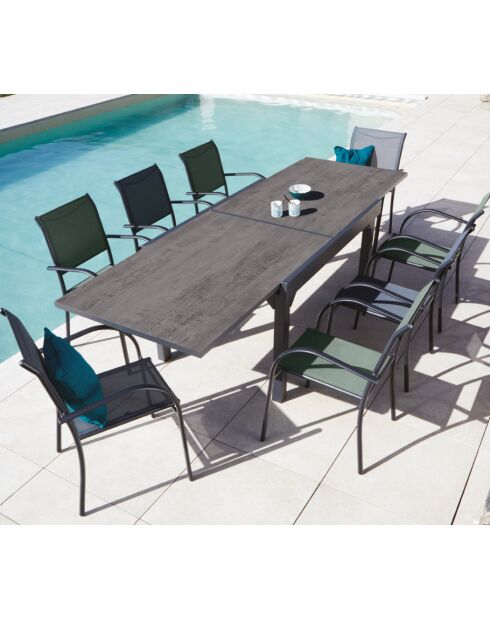 Ensemble repas Jonfleur XL pspc ardoise : 1 table + 8 Chaises Beziers anthracite et vert sauge