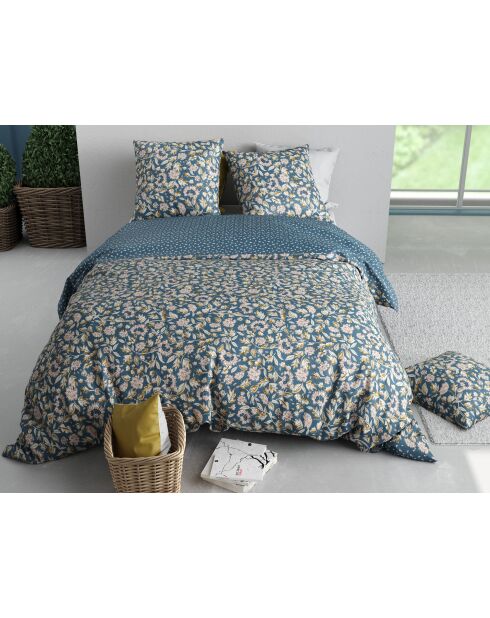 Parure housse de couette en percale de coton  Frida imprimé bleu