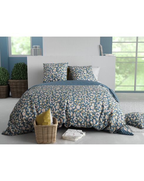 Parure housse de couette en percale de coton  Frida imprimé bleu