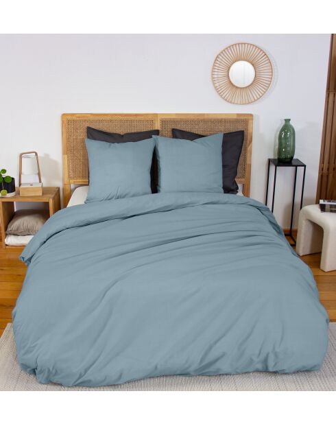 Parure housse de couette  en percale de coton bleu fumé