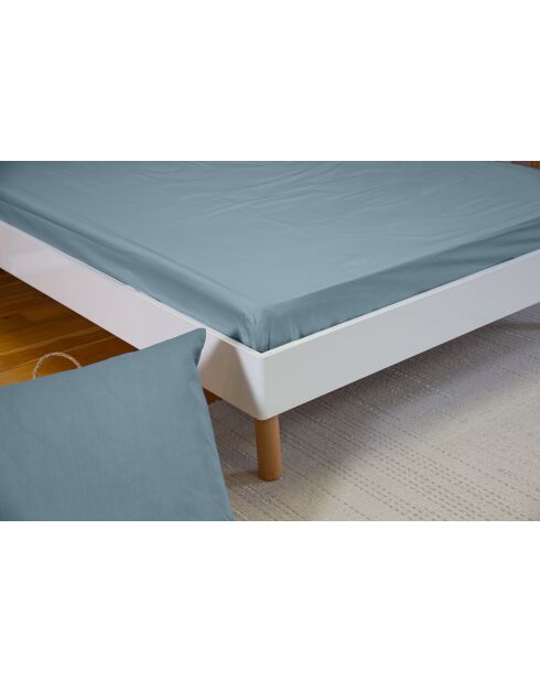 Drap housse en percale de coton bleu fumé
