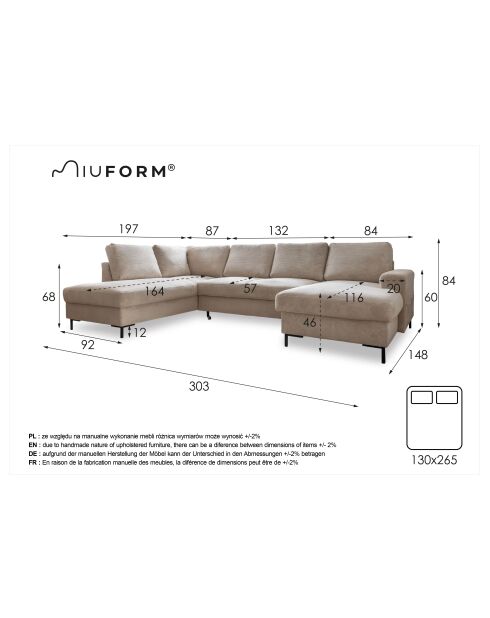 U-Ecksofa, umwandelbar, linke Ecke, Lofty Lilly, Beige, 303 x 197 x 84 cm