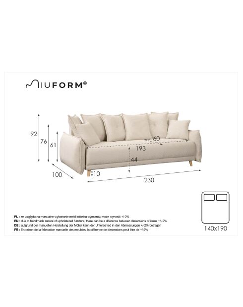 Lazy Lukka Klappsofa für 3 Personen, 230 x 100 x 92 cm, beige