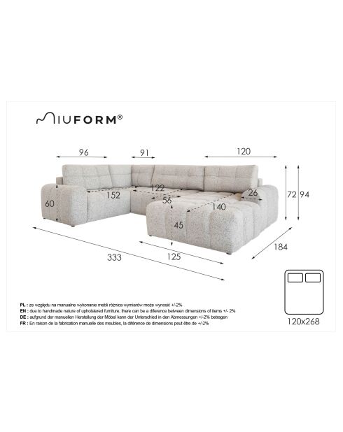 Divano angolare trasformabile Lulu Beige U-right - 333x213x94 cm