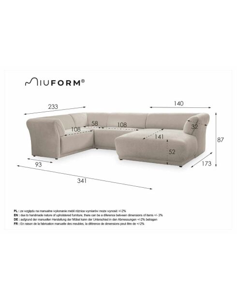 Gatsby beige vaste U-hoekbank aan de linkerkant - 341x233x87 cm