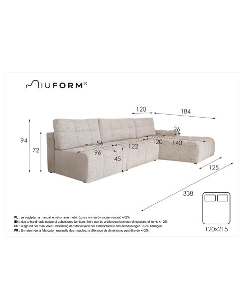 Divano angolare trasformabile S-MAX destro Lulu Red- 338x184x94 cm