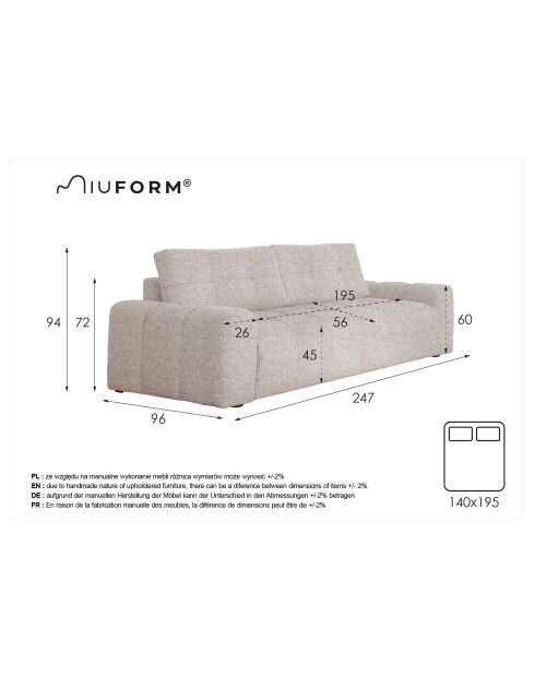 LULU grijze converteerbare 3-zitsbank - 247x96x94 cm