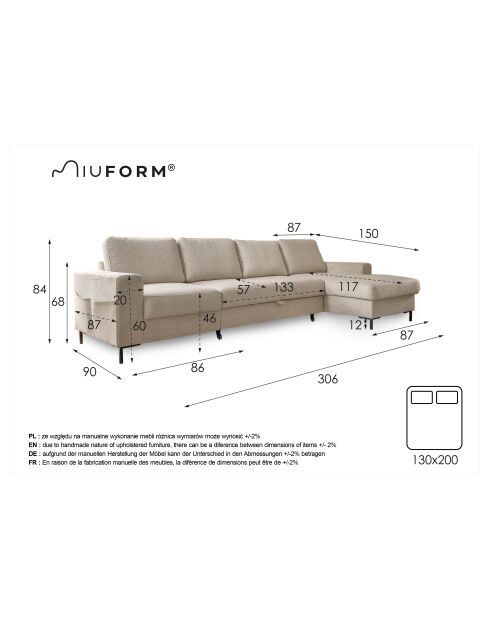 S-MAX Wandelbares rechtwinkliges Ecksofa Lofty Lilly Beige- 306 x 150 x 84 cm