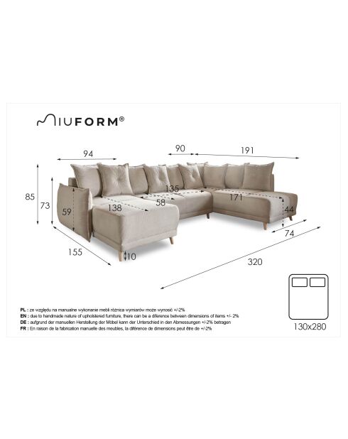 U Hoekbank Omvormbaar Rechthoekig Lazy Lukka Donkergrijs - 320x191x85 cm
