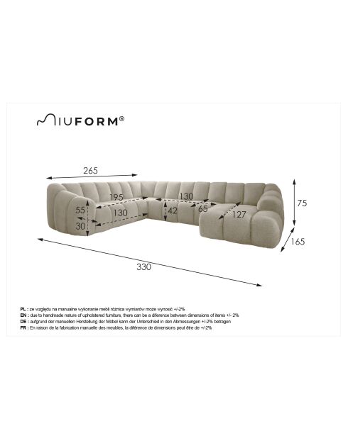 Vaste hoekbank U rechts, Shell Beige, 330x265x75 cm