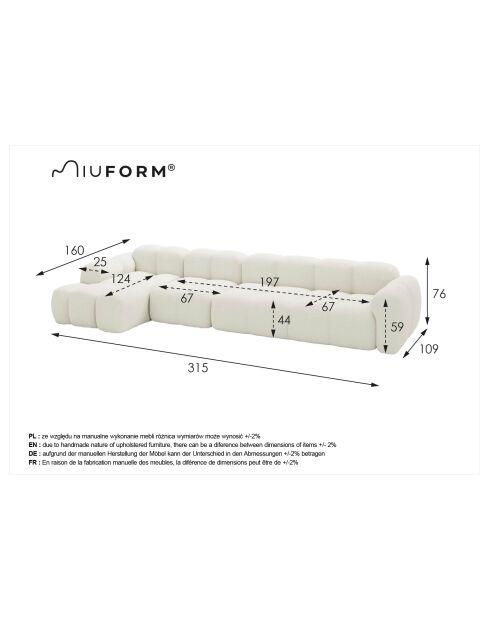 Fixiertes M-Ecksofa, links Cloud Light Grey - 315x160x76 cm