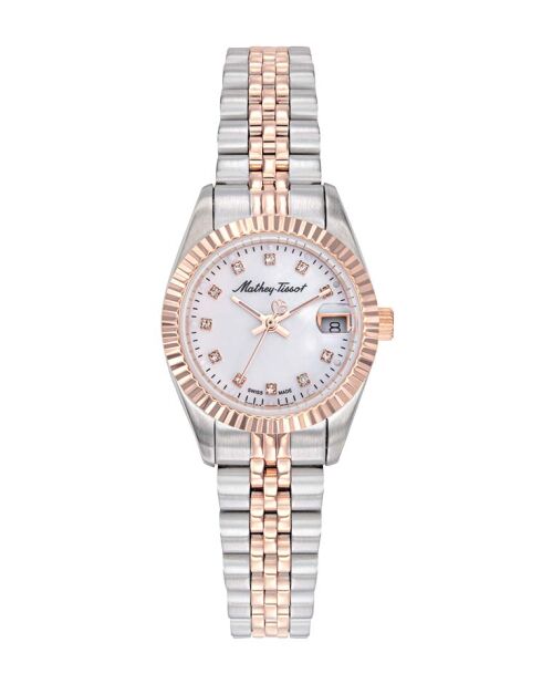 Quartz Swiss Made RONDA 585 H3 dameshorloge in tweekleurig zilver/roségoud staal