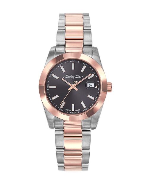 Quartz Swiss Made RONDA 585 H3 dameshorloge in tweekleurig zilver/roségoud staal