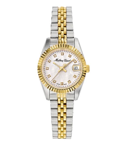 Ronda 585 H3 Quarzuhr für Damen, hergestellt in der Schweiz, zweifarbiger Silber-/Goldstahl