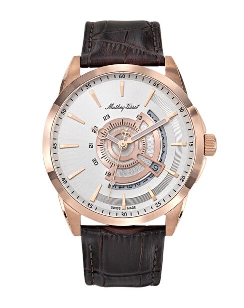 RONDA 515 Quarzuhr für Herren, hergestellt in der Schweiz, aus braunem Leder