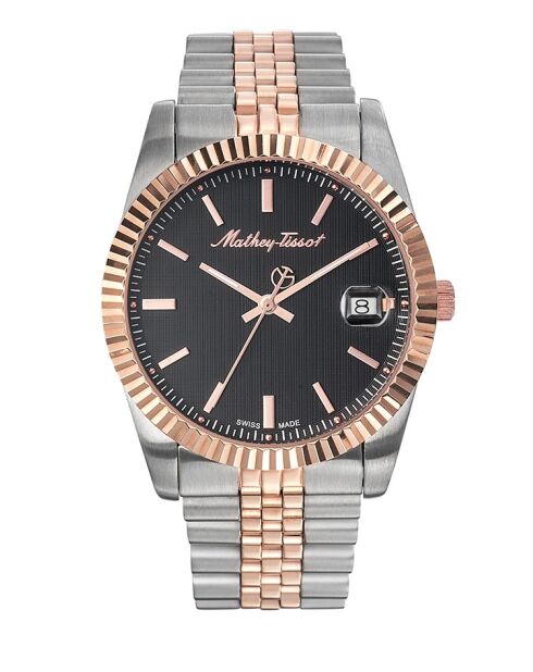 RONDA 515 H3 Quarzuhr für Herren, hergestellt in der Schweiz, aus zweifarbigem Silber-/Roségoldstahl