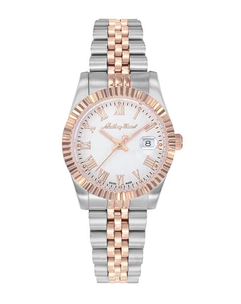 Quartz Swiss Made RONDA 585 H3 dameshorloge in tweekleurig zilver/roségoud staal